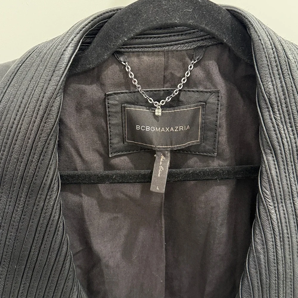 BCBGMaxAzria Black Ribbed Shawl-Collar Leather Jacket - Picture 2 of 5
